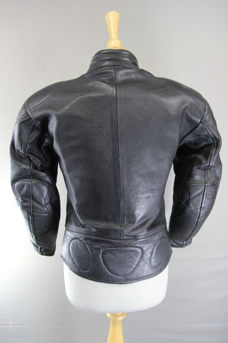 RHINO BRITISH DESIGNED BLACK COWHIDE LEATHER BIKER JACKET + PROTECTORS: SIZE 10