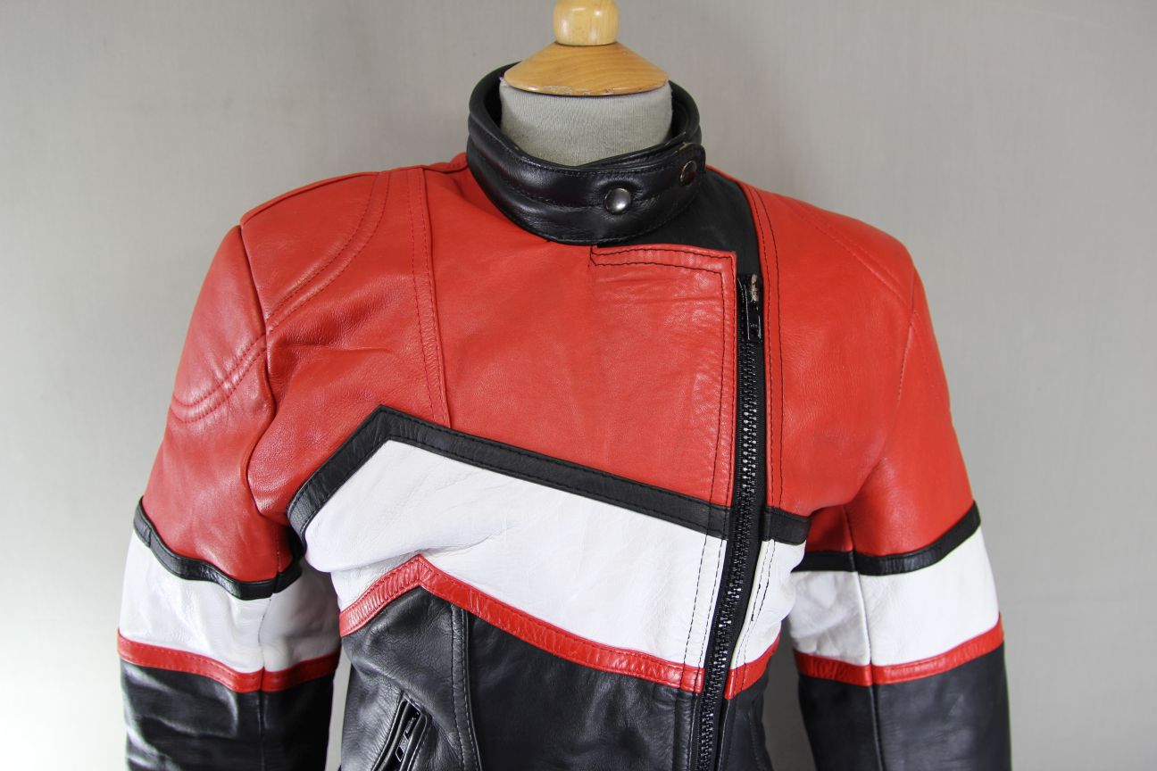 VINTAGE 1980's SPORTEX BLACK, RED AND WHITE COMBI LEATHER BIKER JACKET 34 INCH
