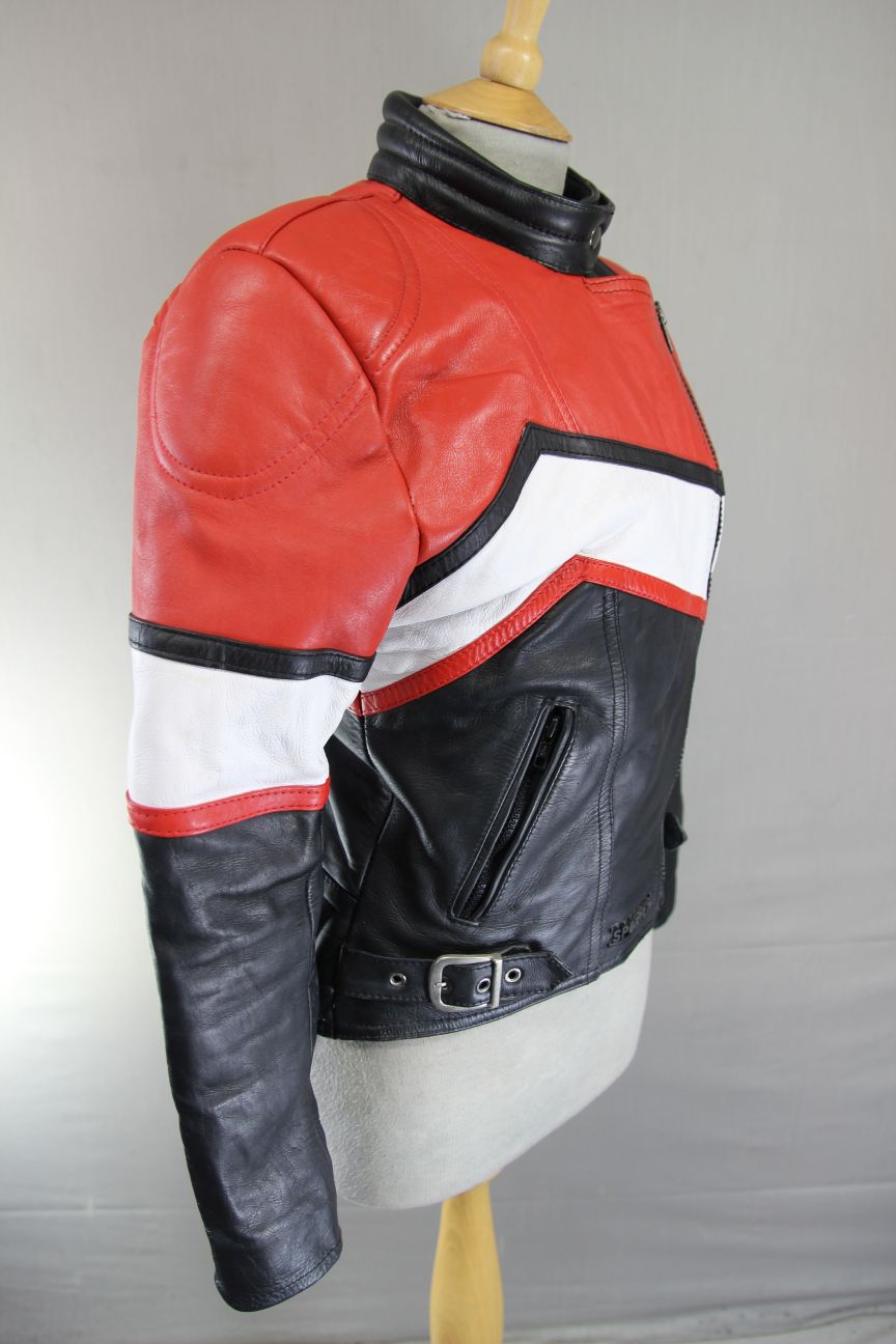 VINTAGE 1980's SPORTEX BLACK, RED AND WHITE COMBI LEATHER BIKER JACKET 34 INCH
