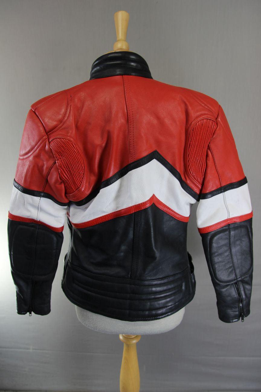 VINTAGE 1980's SPORTEX BLACK, RED AND WHITE COMBI LEATHER BIKER JACKET 34 INCH