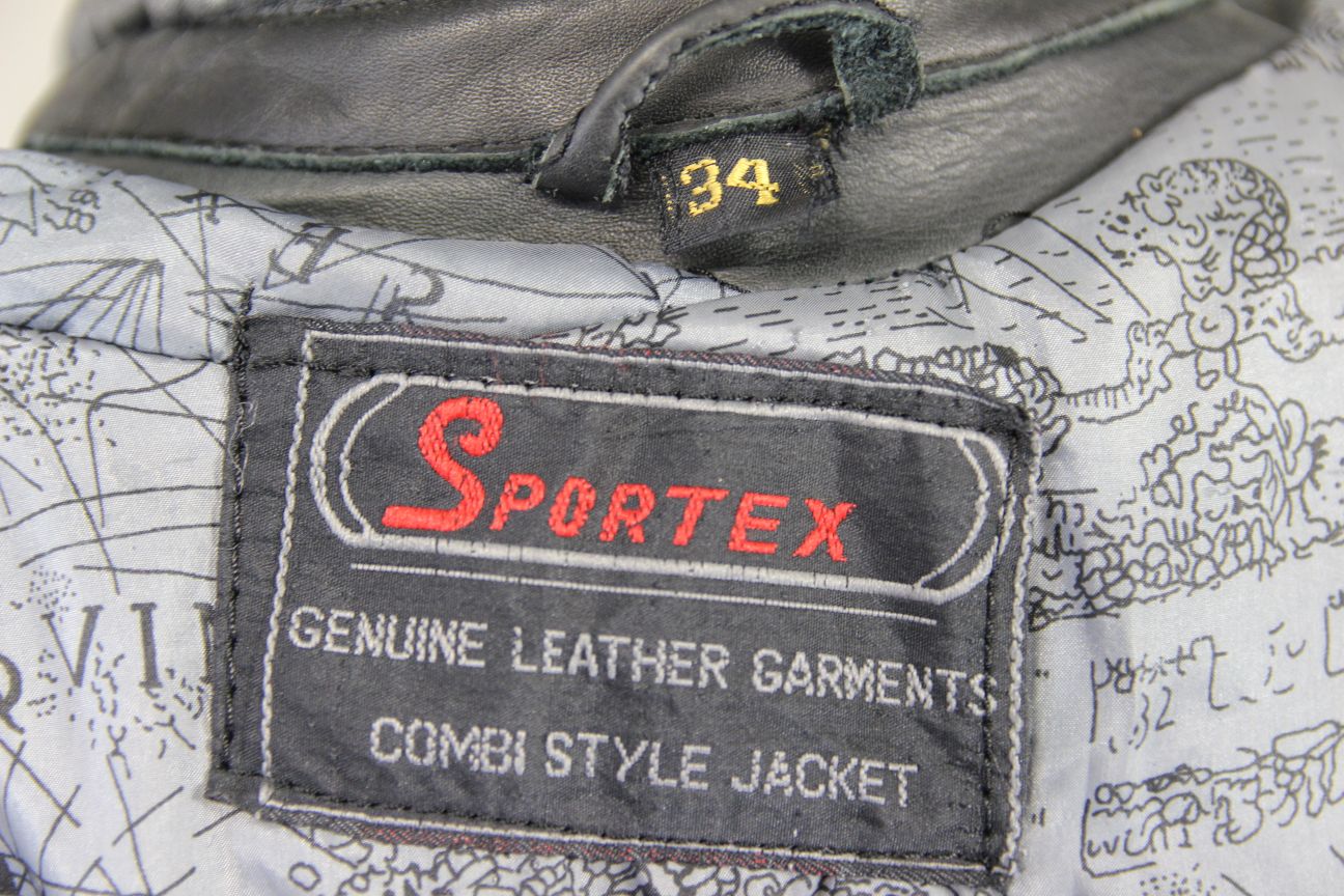 VINTAGE 1980's SPORTEX BLACK, RED AND WHITE COMBI LEATHER BIKER JACKET 34 INCH