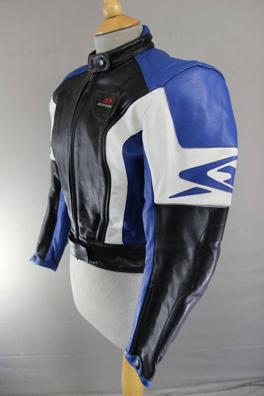 SPYKE BLACK, BLUE & WHITE LEATHER BIKER JACKET WITH CE ARMOUR 32-34 INCH