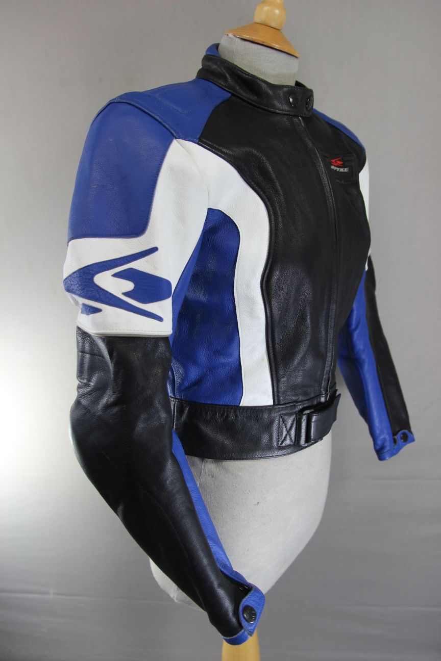 SPYKE BLACK, BLUE & WHITE LEATHER BIKER JACKET WITH CE ARMOUR 32-34 INCH