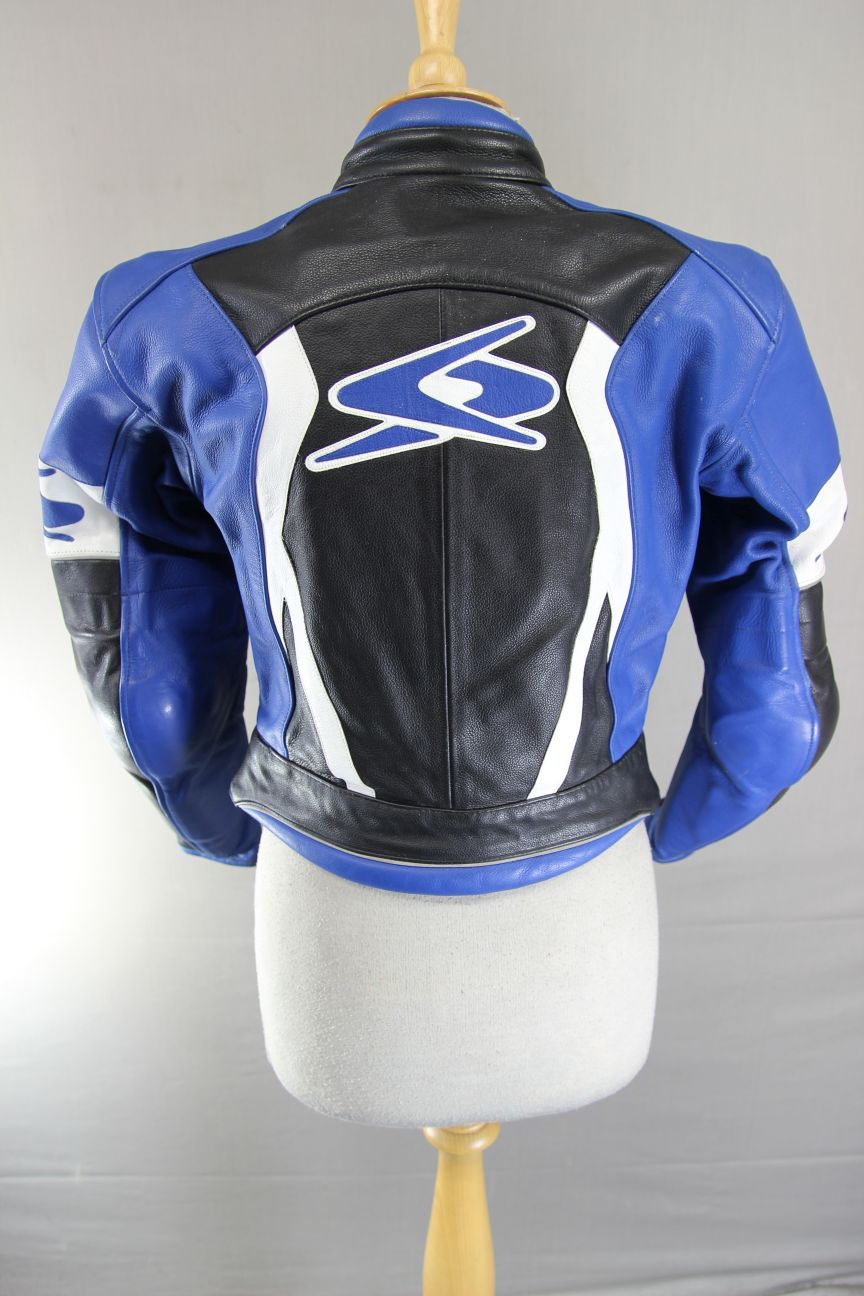SPYKE BLACK, BLUE & WHITE LEATHER BIKER JACKET WITH CE ARMOUR 32-34 INCH