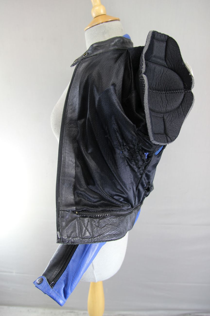 SPYKE BLACK, BLUE & WHITE LEATHER BIKER JACKET WITH CE ARMOUR 32-34 INCH