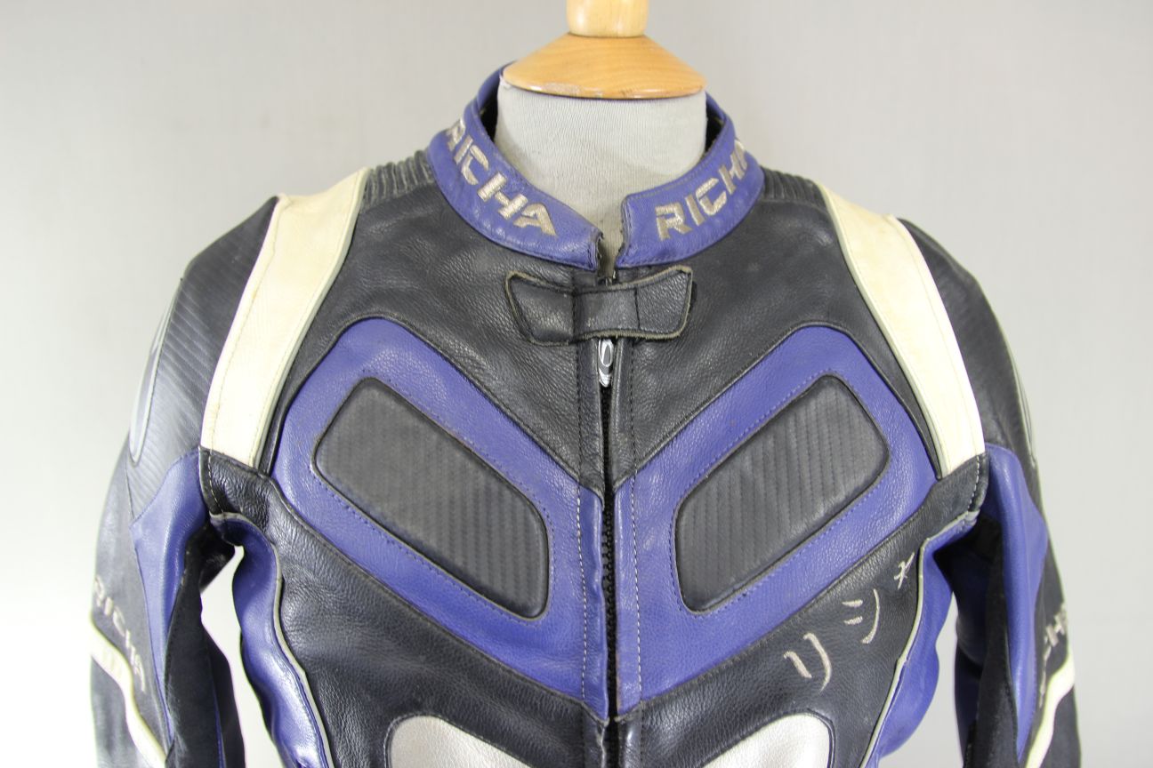 RICHA BLACK, BLUE & SILVER LEATHER BIKER JCKT + CE ARMOUR/THERMAL LINING SIZE 10