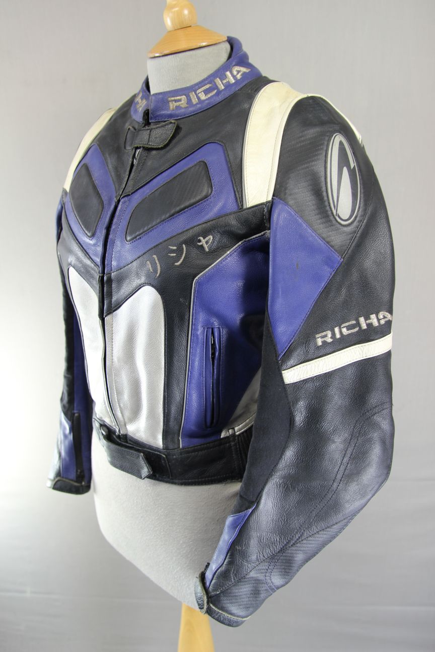 RICHA BLACK, BLUE & SILVER LEATHER BIKER JCKT + CE ARMOUR/THERMAL LINING SIZE 10