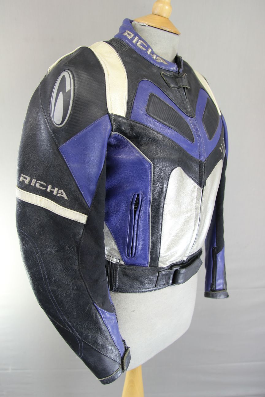 RICHA BLACK, BLUE & SILVER LEATHER BIKER JCKT + CE ARMOUR/THERMAL LINING SIZE 10