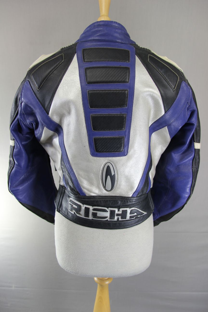 RICHA BLACK, BLUE & SILVER LEATHER BIKER JCKT + CE ARMOUR/THERMAL LINING SIZE 10