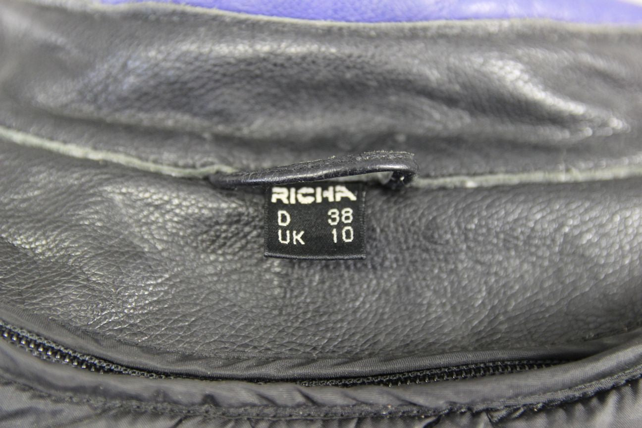 RICHA BLACK, BLUE & SILVER LEATHER BIKER JCKT + CE ARMOUR/THERMAL LINING SIZE 10