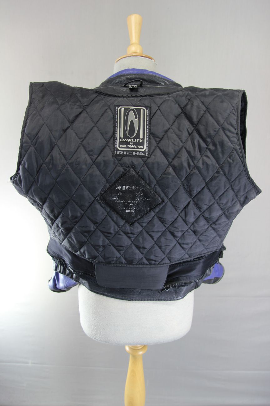 RICHA BLACK, BLUE & SILVER LEATHER BIKER JCKT + CE ARMOUR/THERMAL LINING SIZE 10