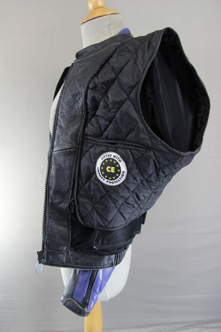 RICHA BLACK, BLUE & SILVER LEATHER BIKER JCKT + CE ARMOUR/THERMAL LINING SIZE 10