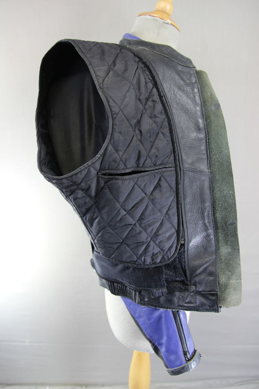 RICHA BLACK, BLUE & SILVER LEATHER BIKER JCKT + CE ARMOUR/THERMAL LINING SIZE 10