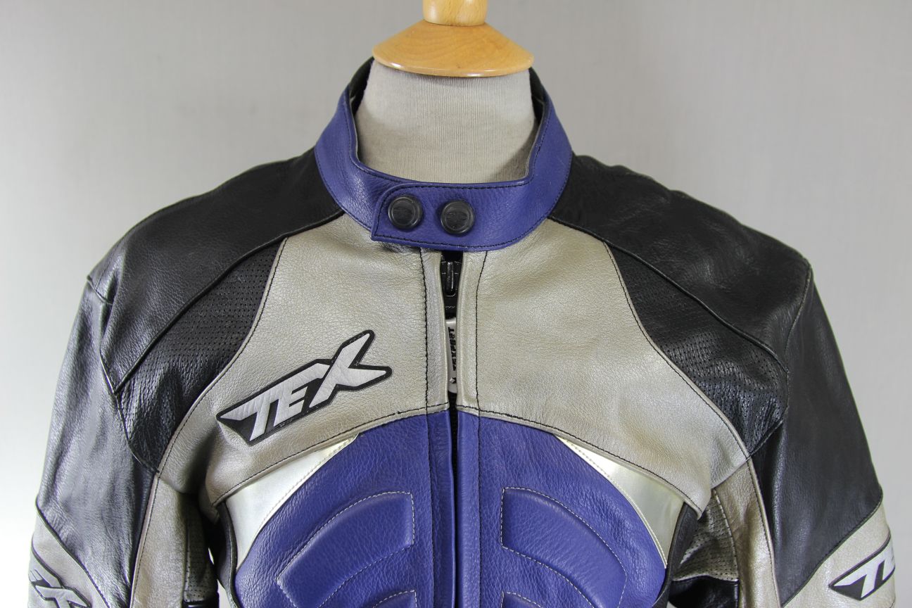 TEXPORT BLACK, BLUE & SILVER LEATHER BIKER JACKET WITH CE ELBOW ARMOUR 40 INCH