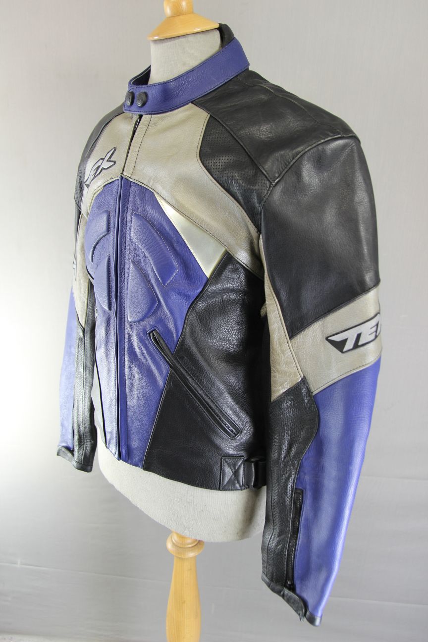 TEXPORT BLACK, BLUE & SILVER LEATHER BIKER JACKET WITH CE ELBOW ARMOUR 40 INCH