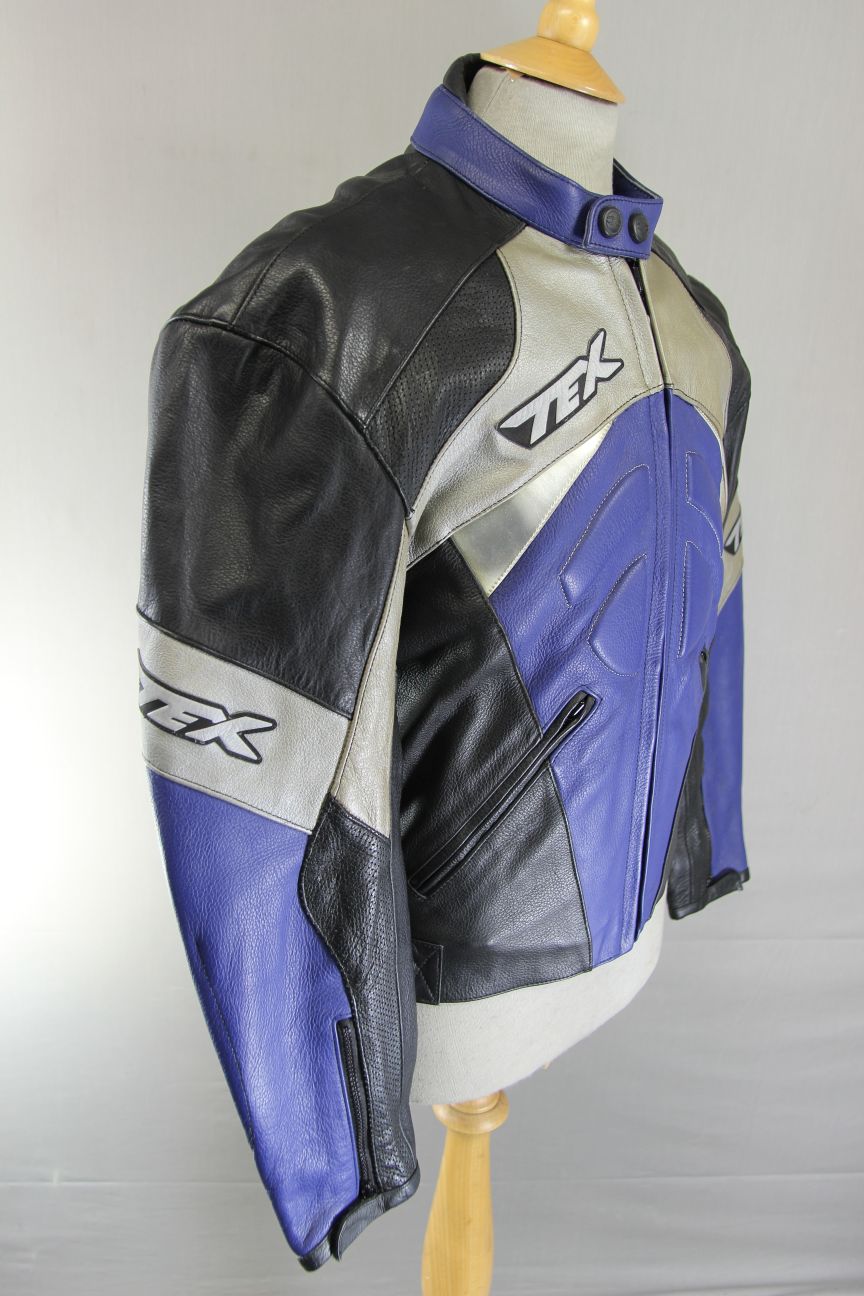 TEXPORT BLACK, BLUE & SILVER LEATHER BIKER JACKET WITH CE ELBOW ARMOUR 40 INCH