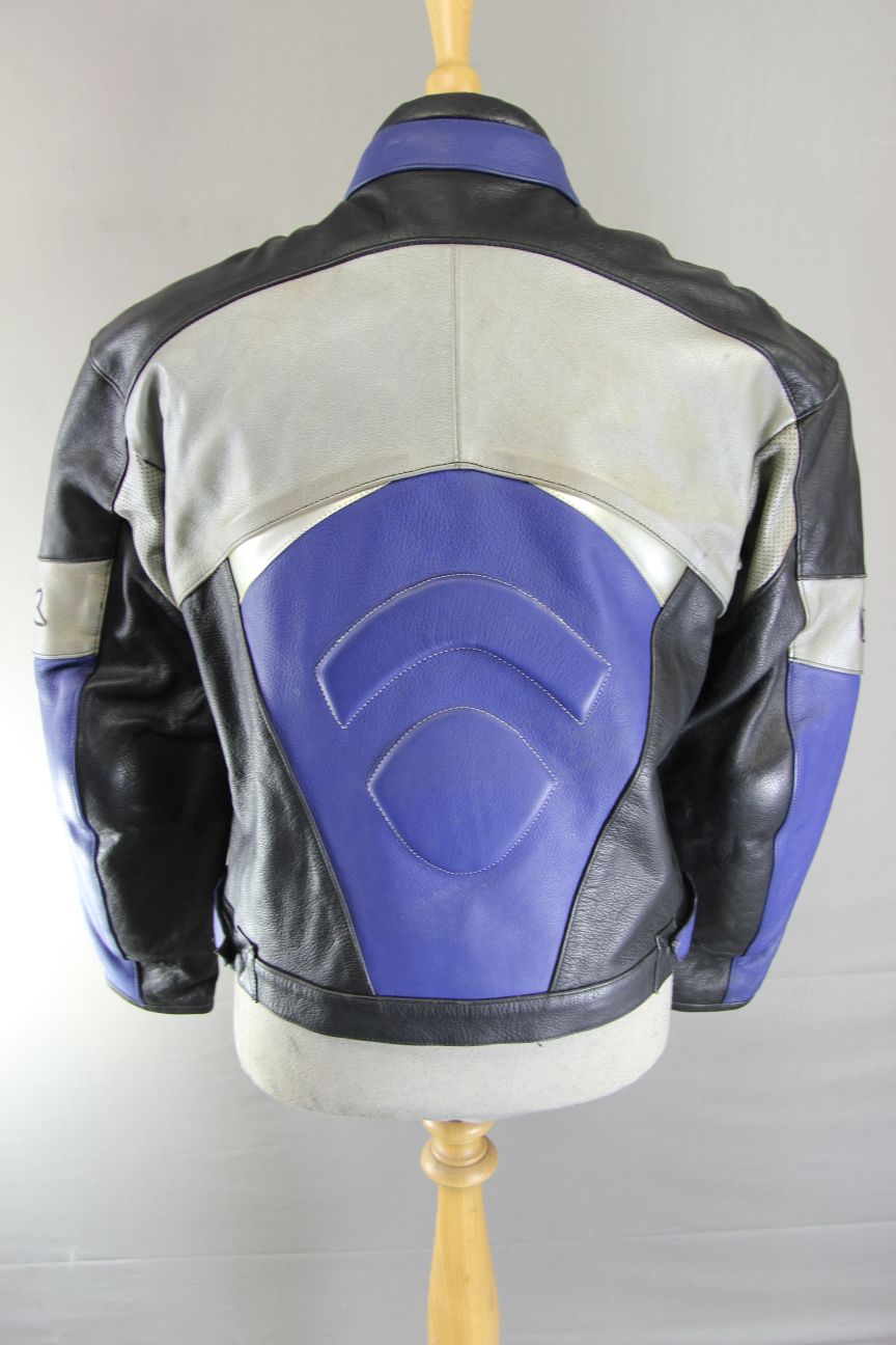 TEXPORT BLACK, BLUE & SILVER LEATHER BIKER JACKET WITH CE ELBOW ARMOUR 40 INCH