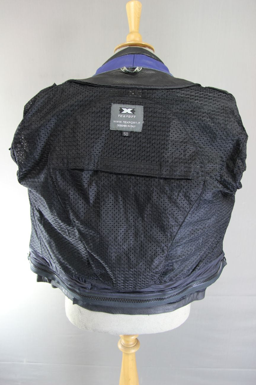 TEXPORT BLACK, BLUE & SILVER LEATHER BIKER JACKET WITH CE ELBOW ARMOUR 40 INCH
