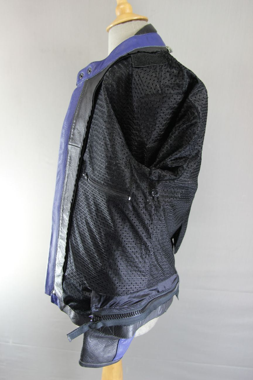 TEXPORT BLACK, BLUE & SILVER LEATHER BIKER JACKET WITH CE ELBOW ARMOUR 40 INCH