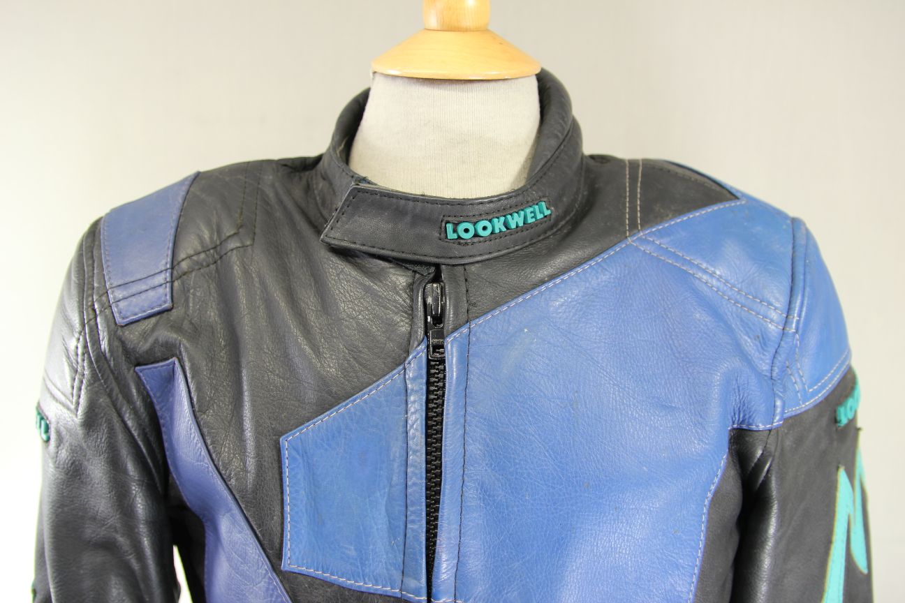 VINTAGE LOOKWELL BLACK, BLUE & GREEN LEATHER BIKER JACKET + BACK PROTECTOR 40 IN
