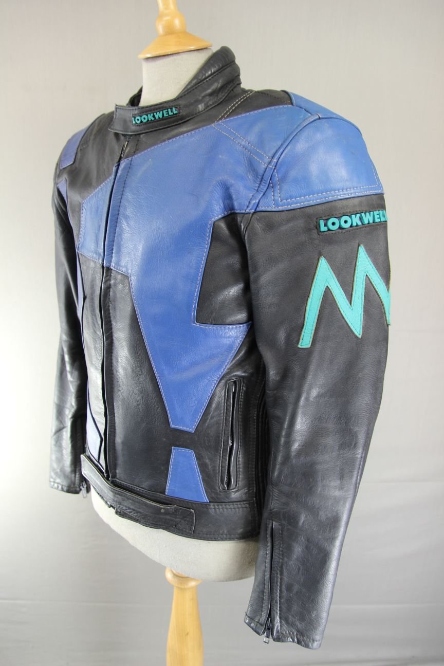 VINTAGE LOOKWELL BLACK, BLUE & GREEN LEATHER BIKER JACKET + BACK PROTECTOR 40 IN