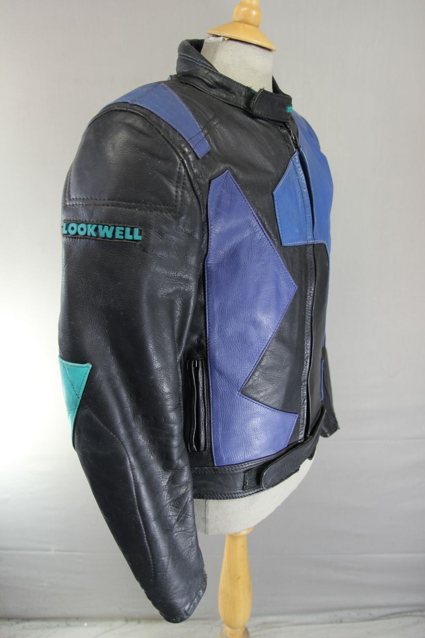 VINTAGE LOOKWELL BLACK, BLUE & GREEN LEATHER BIKER JACKET + BACK PROTECTOR 40 IN