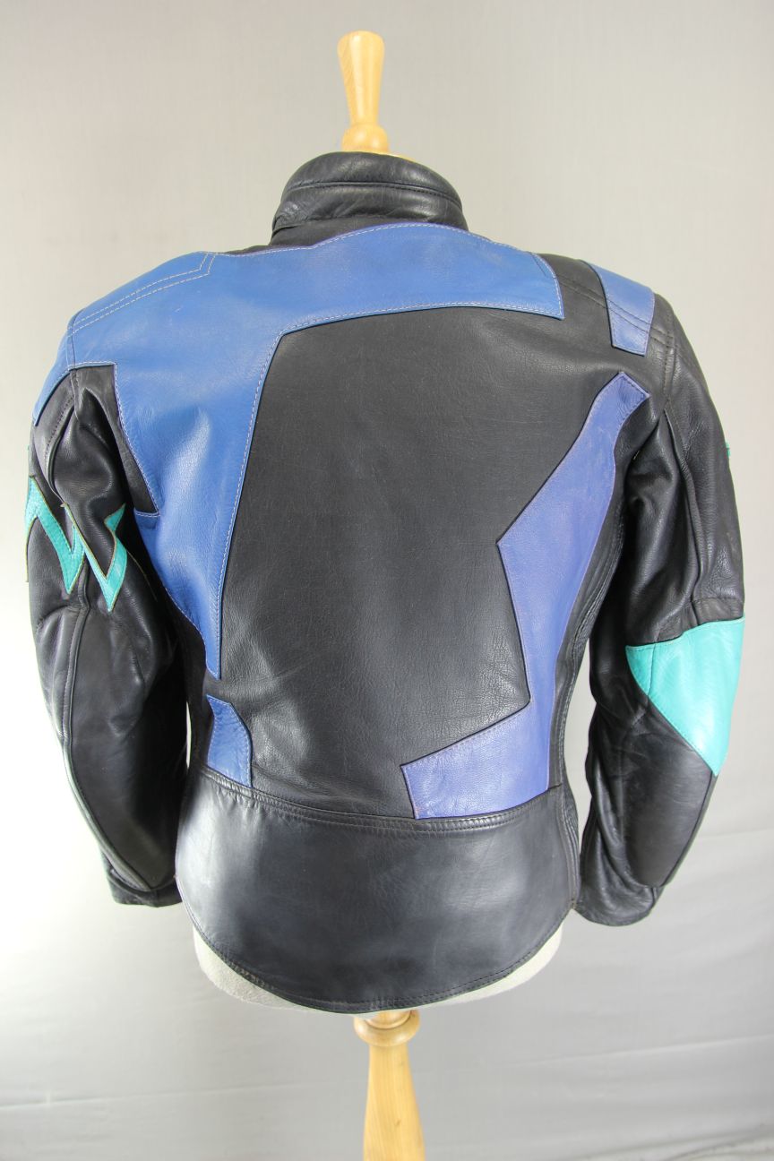 VINTAGE LOOKWELL BLACK, BLUE & GREEN LEATHER BIKER JACKET + BACK PROTECTOR 40 IN