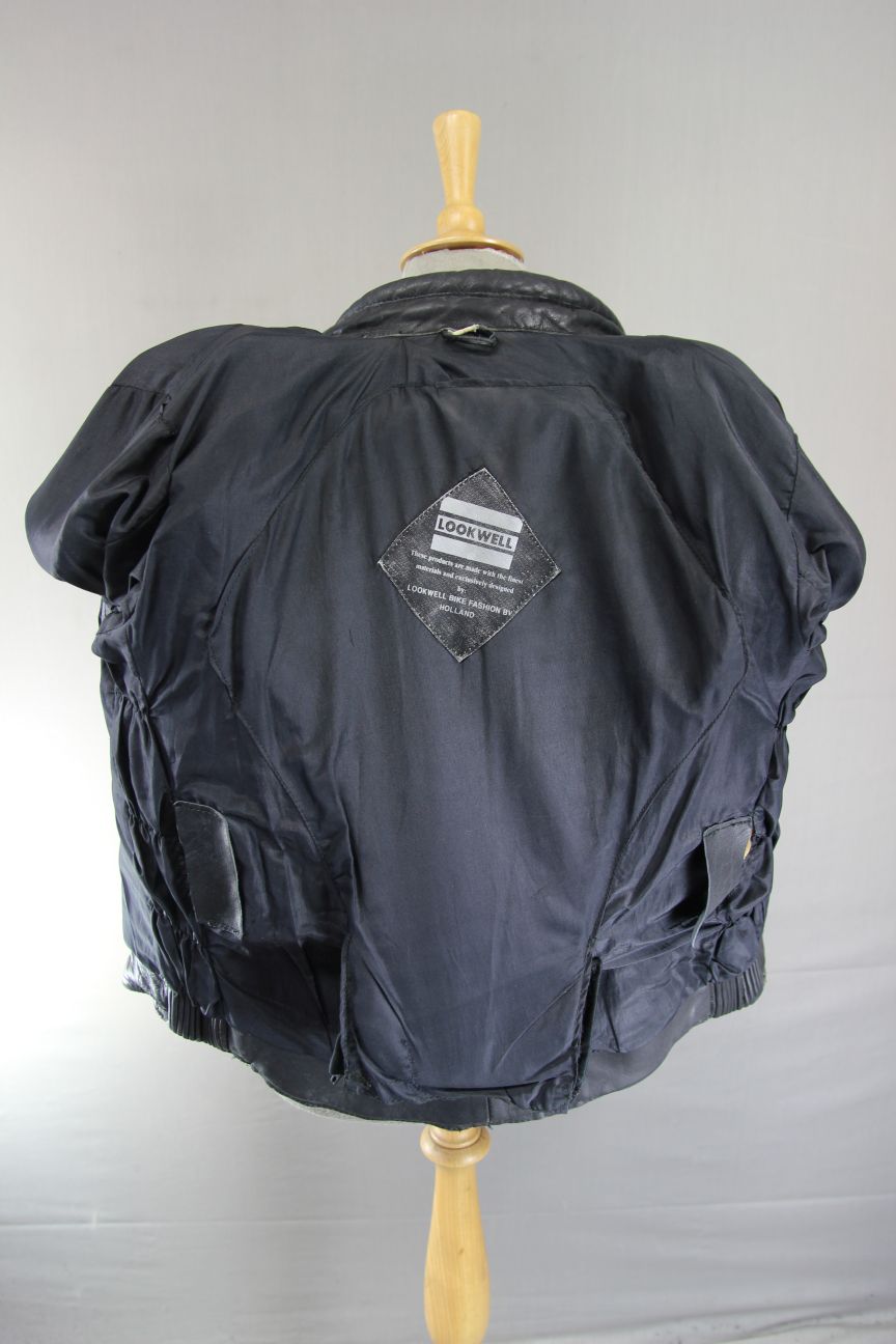 VINTAGE LOOKWELL BLACK, BLUE & GREEN LEATHER BIKER JACKET + BACK PROTECTOR 40 IN