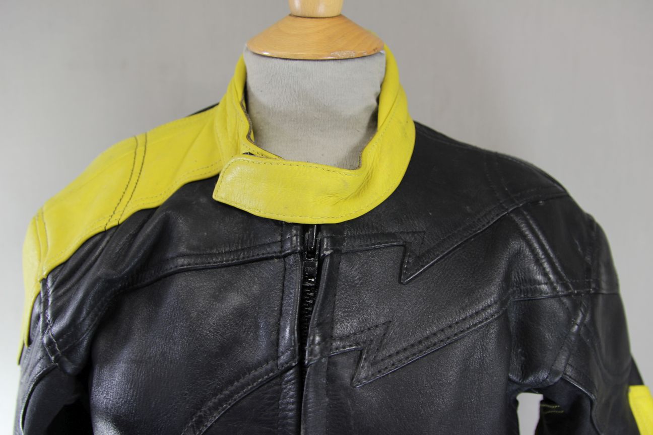 CLASSIC J&S BLACK & YELLOW LEATHER BIKER JACKET 38-40 INCH CHEST
