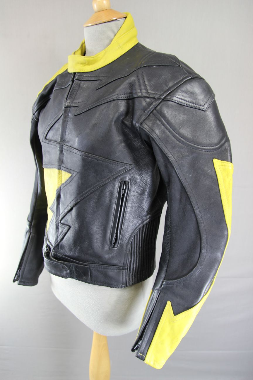 CLASSIC J&S BLACK & YELLOW LEATHER BIKER JACKET 38-40 INCH CHEST