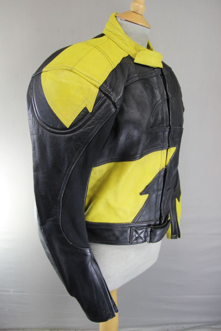 CLASSIC J&S BLACK & YELLOW LEATHER BIKER JACKET 38-40 INCH CHEST