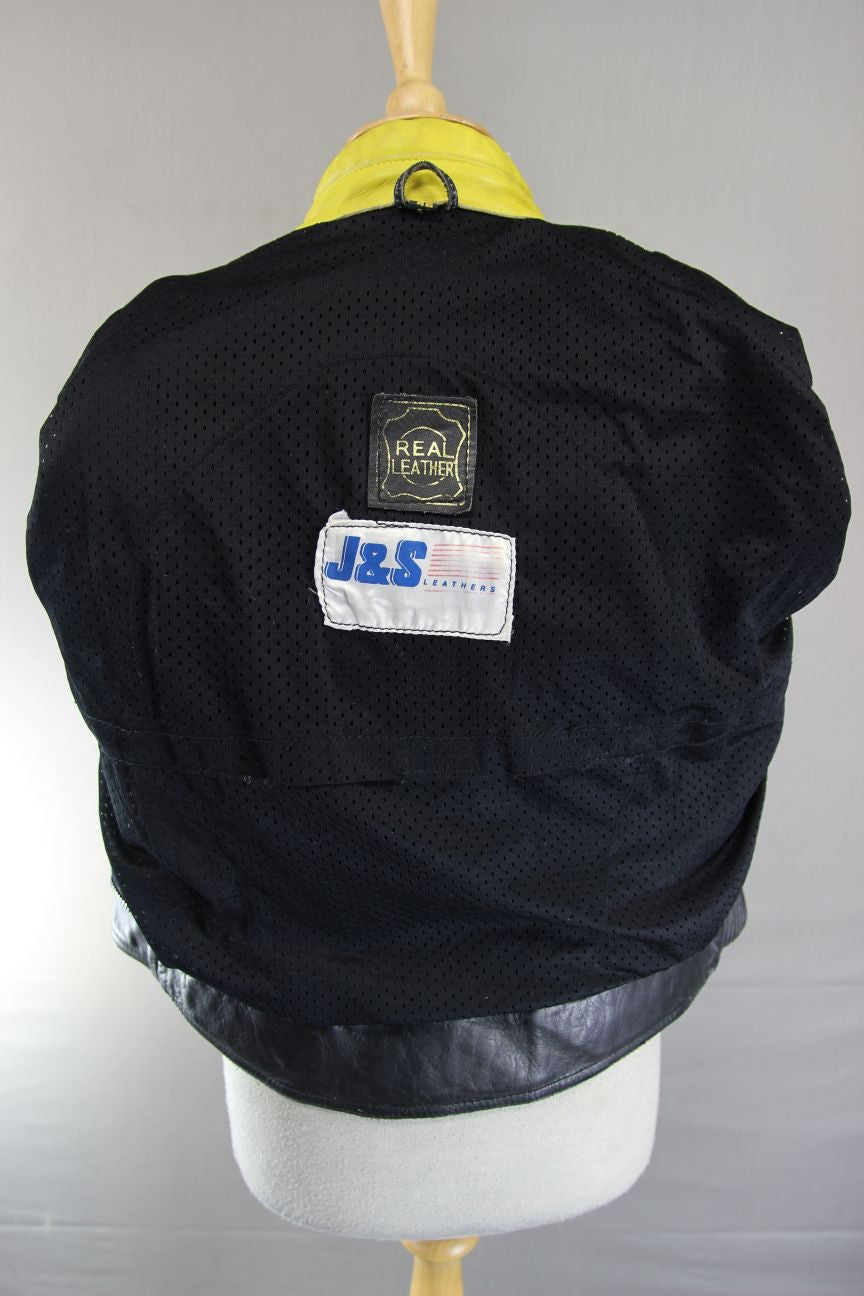 CLASSIC J&S BLACK & YELLOW LEATHER BIKER JACKET 38-40 INCH CHEST