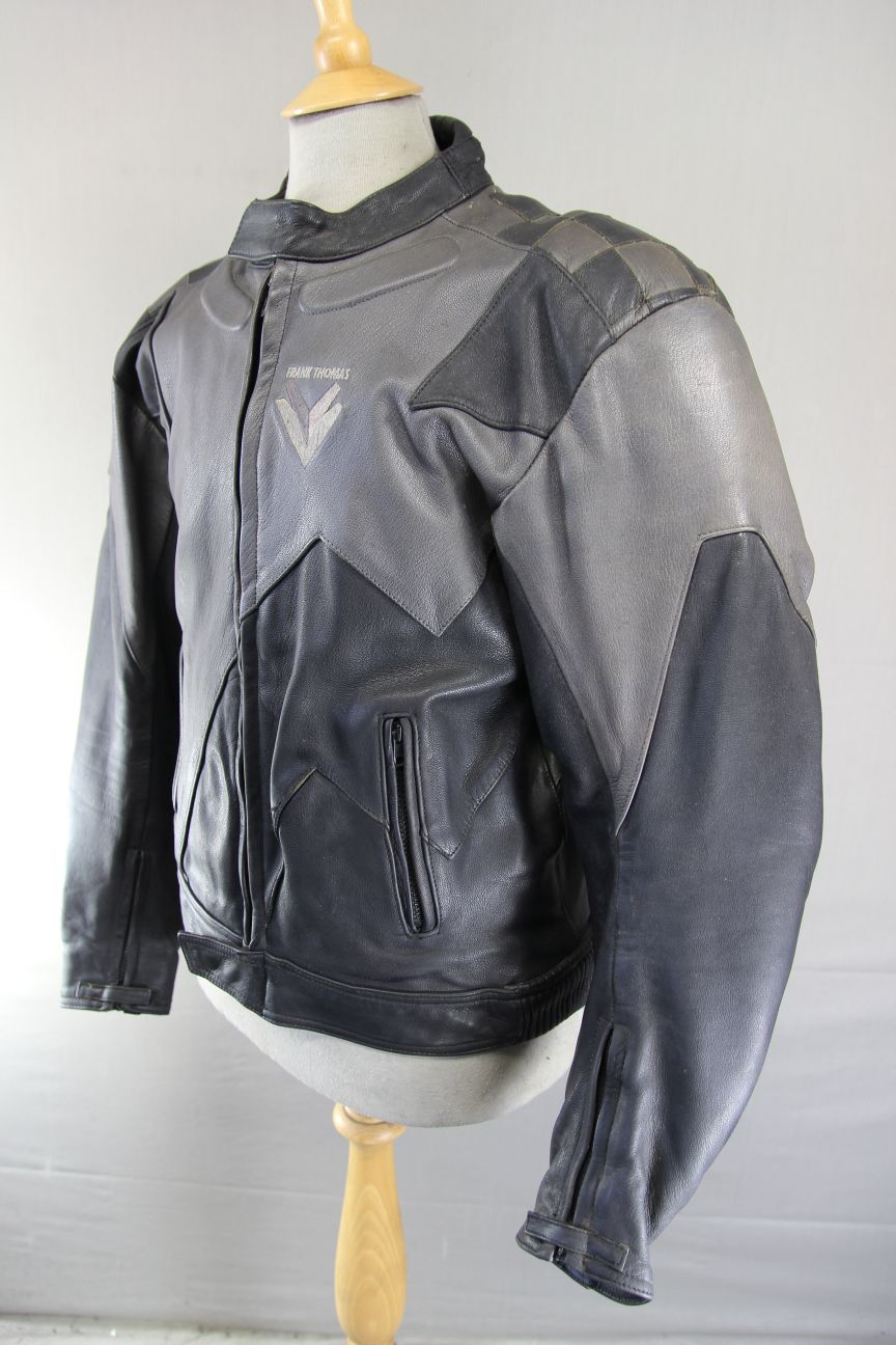 FRANK THOMAS BLACK & GREY LEATHER BIKER JACKET WITH REMOVABLE CE ARMOUR 42 INCH