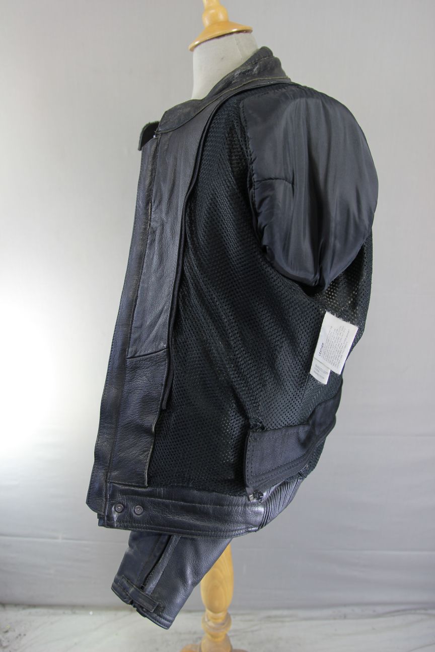 FRANK THOMAS BLACK & GREY LEATHER BIKER JACKET WITH REMOVABLE CE ARMOUR 42 INCH