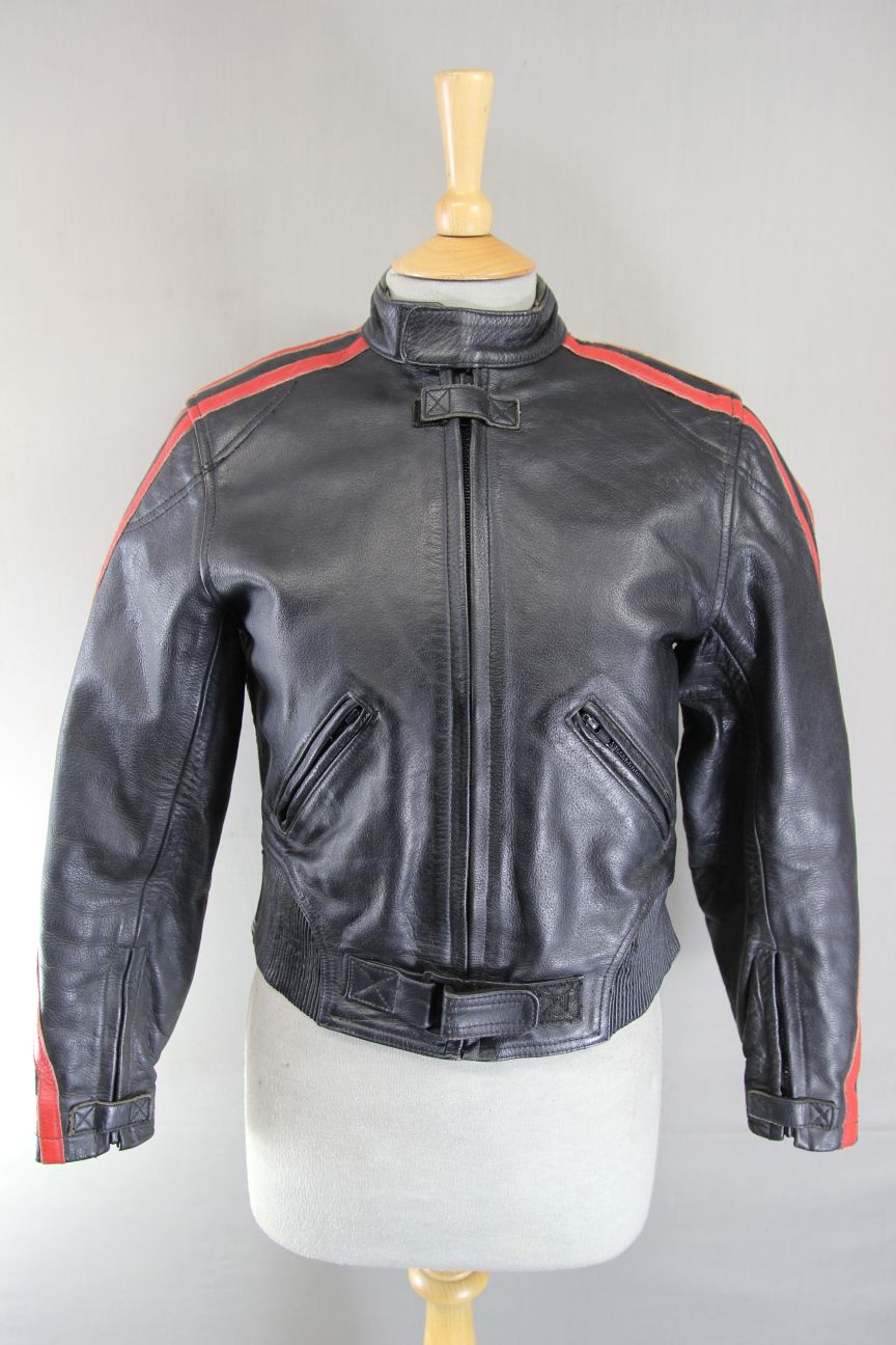 SKINTAN BLACK & RED LEATHER BIKER JACKET WITH REMOVABLE PROTECTORS 34 INCHES/XS