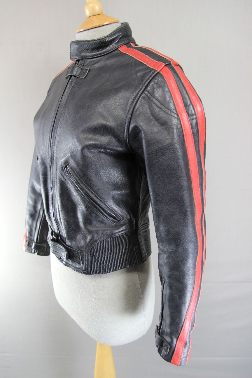 SKINTAN BLACK & RED LEATHER BIKER JACKET WITH REMOVABLE PROTECTORS 34 INCHES/XS