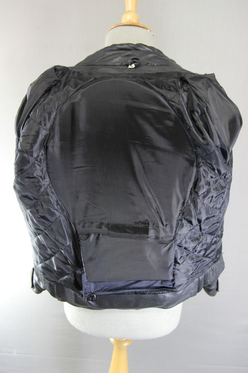 PROTO BLACK LEATHER BIKER JACKET WITH BACK, SHOULDER & ELBOW PROTECTORS: SIZE 12