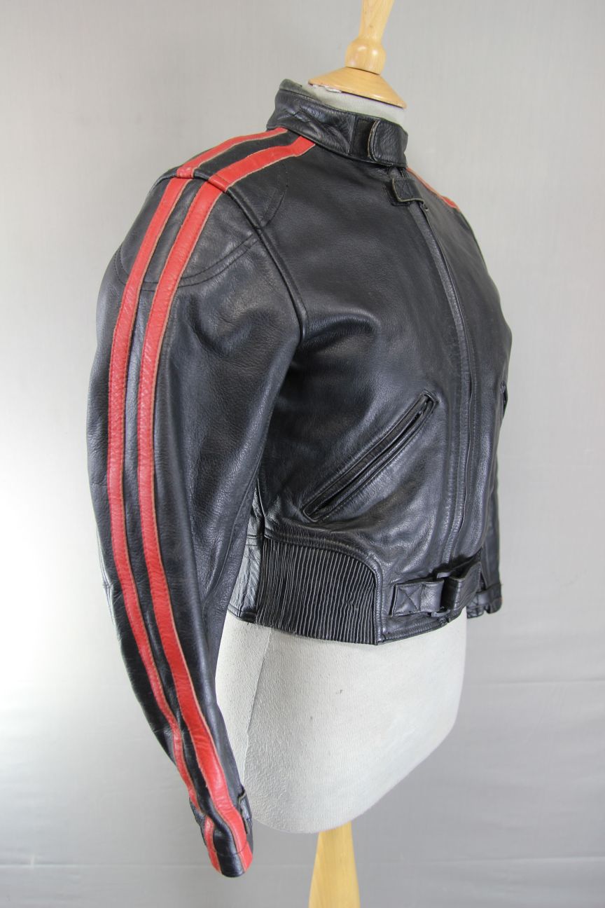 SKINTAN BLACK & RED LEATHER BIKER JACKET WITH REMOVABLE PROTECTORS 34 INCHES/XS