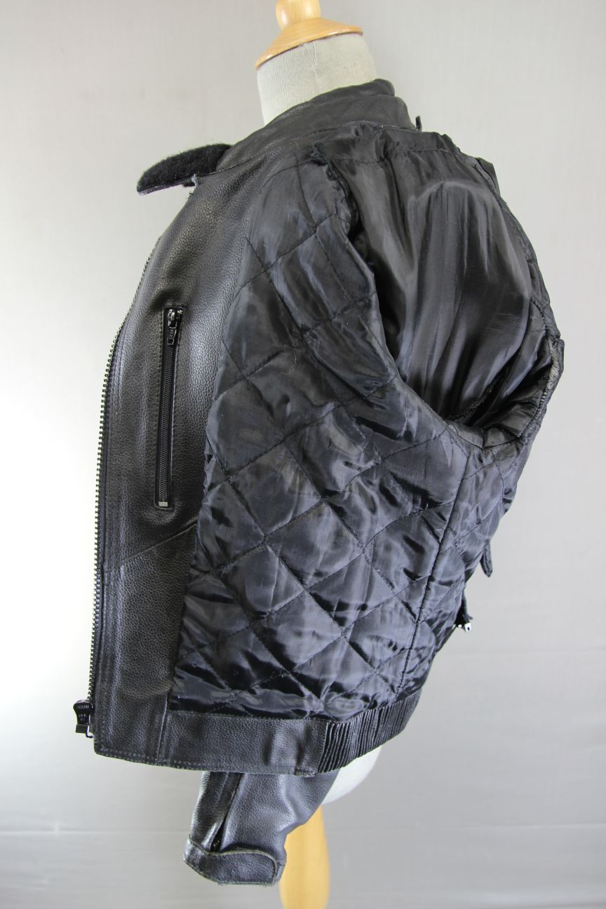 PROTO BLACK LEATHER BIKER JACKET WITH BACK, SHOULDER & ELBOW PROTECTORS: SIZE 12