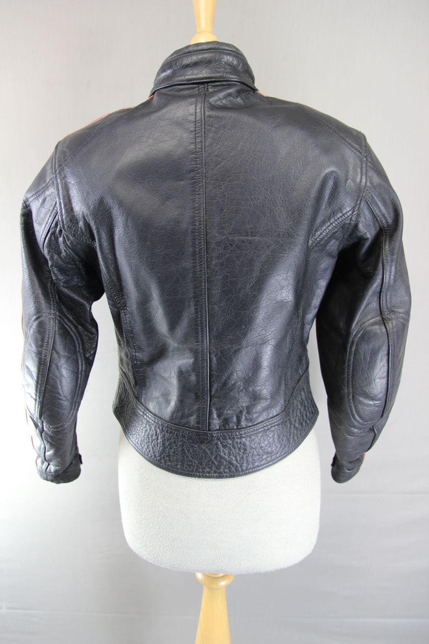 SKINTAN BLACK & RED LEATHER BIKER JACKET WITH REMOVABLE PROTECTORS 34 INCHES/XS