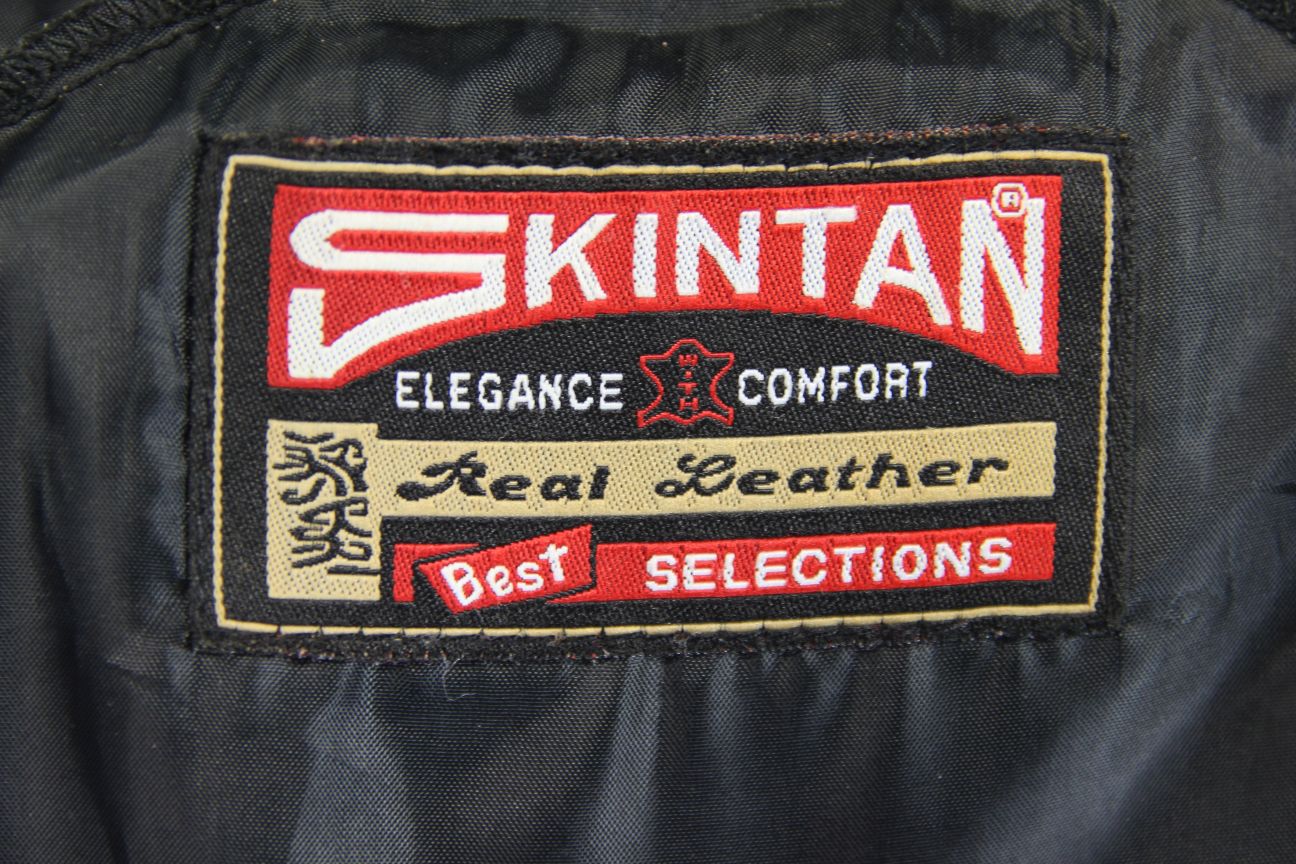 SKINTAN BLACK & RED LEATHER BIKER JACKET WITH REMOVABLE PROTECTORS 34 INCHES/XS