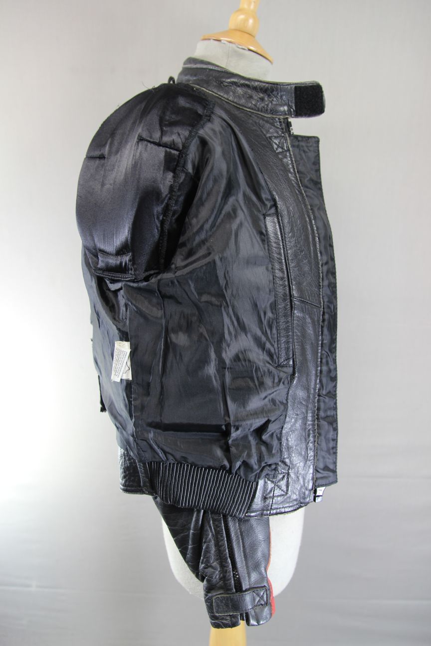 SKINTAN BLACK & RED LEATHER BIKER JACKET WITH REMOVABLE PROTECTORS 34 INCHES/XS