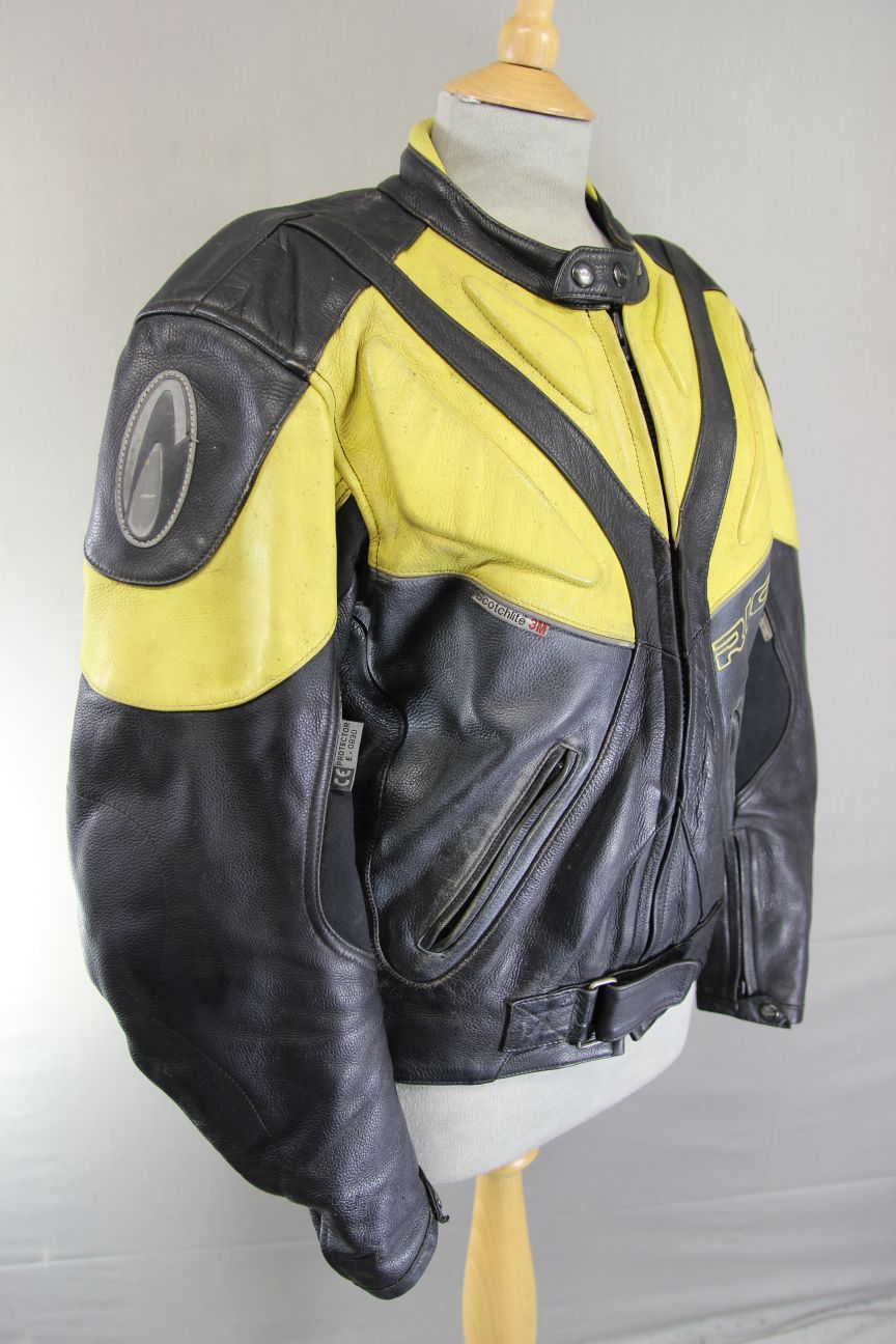 RICHA BLACK, YELLOW & SILVER LEATHER BIKER JACKET WITH CE ARMOUR 42 INCH CHEST