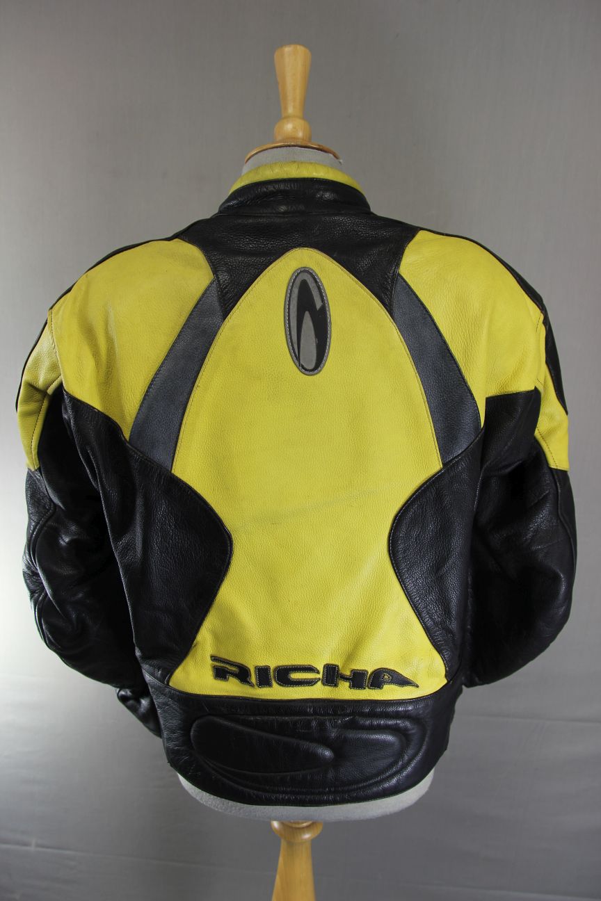 RICHA BLACK, YELLOW & SILVER LEATHER BIKER JACKET WITH CE ARMOUR 42 INCH CHEST