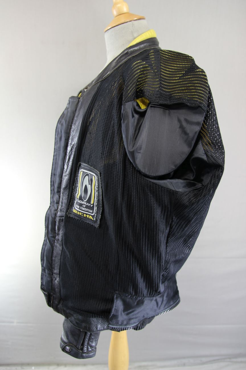 RICHA BLACK, YELLOW & SILVER LEATHER BIKER JACKET WITH CE ARMOUR 42 INCH CHEST