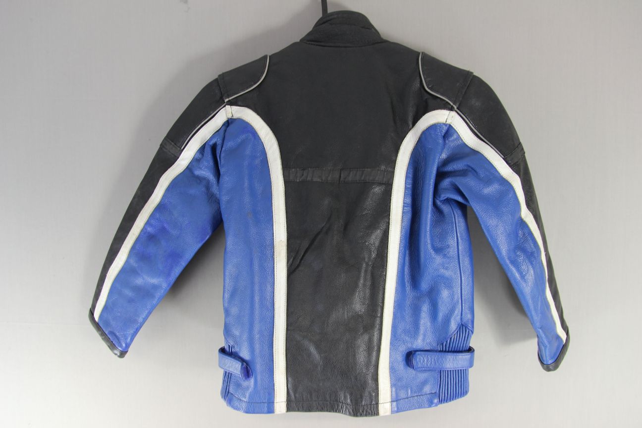 BOYS/CHILDS BLACK, BLUE & WHITE LEATHER BABY BIKER JACKET + THERMAL LINING L/30"