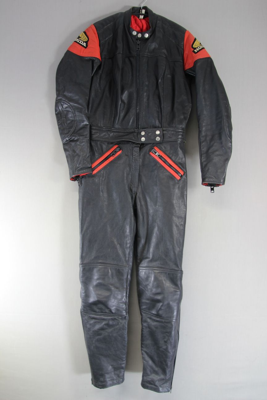 VINTAGE 1970'S 'HONDA' 2PIECE BLACK & RED LEATHER BIKER SUIT CHEST 38"/WAIST 30"