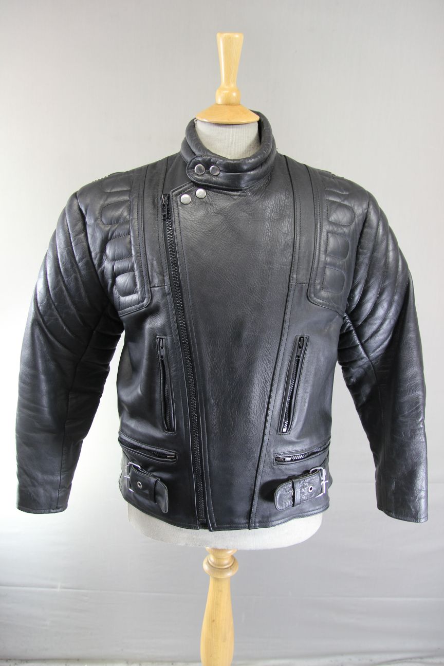 CLASSIC 'STOP' BLACK LEATHER BIKER JACKET 38-40 INCH