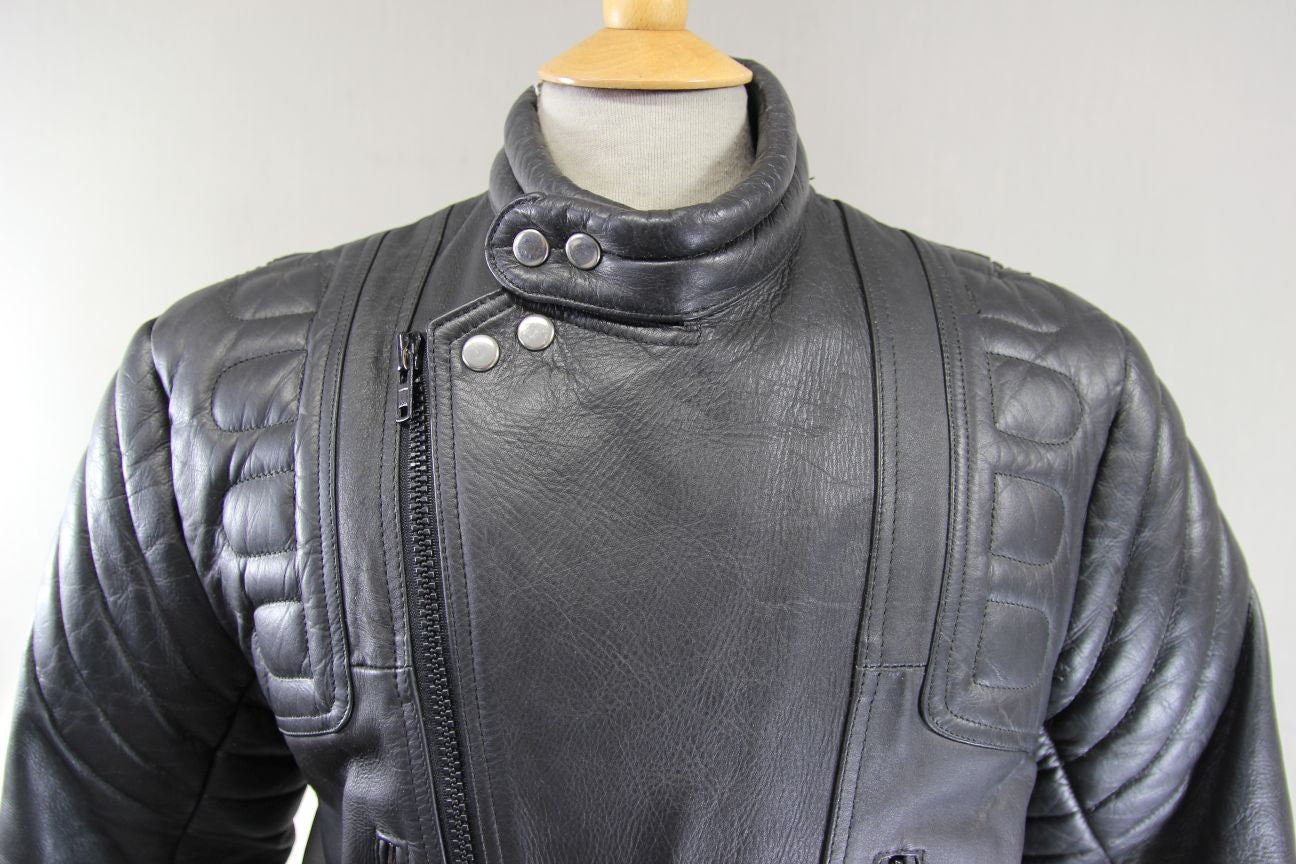 CLASSIC 'STOP' BLACK LEATHER BIKER JACKET 38-40 INCH