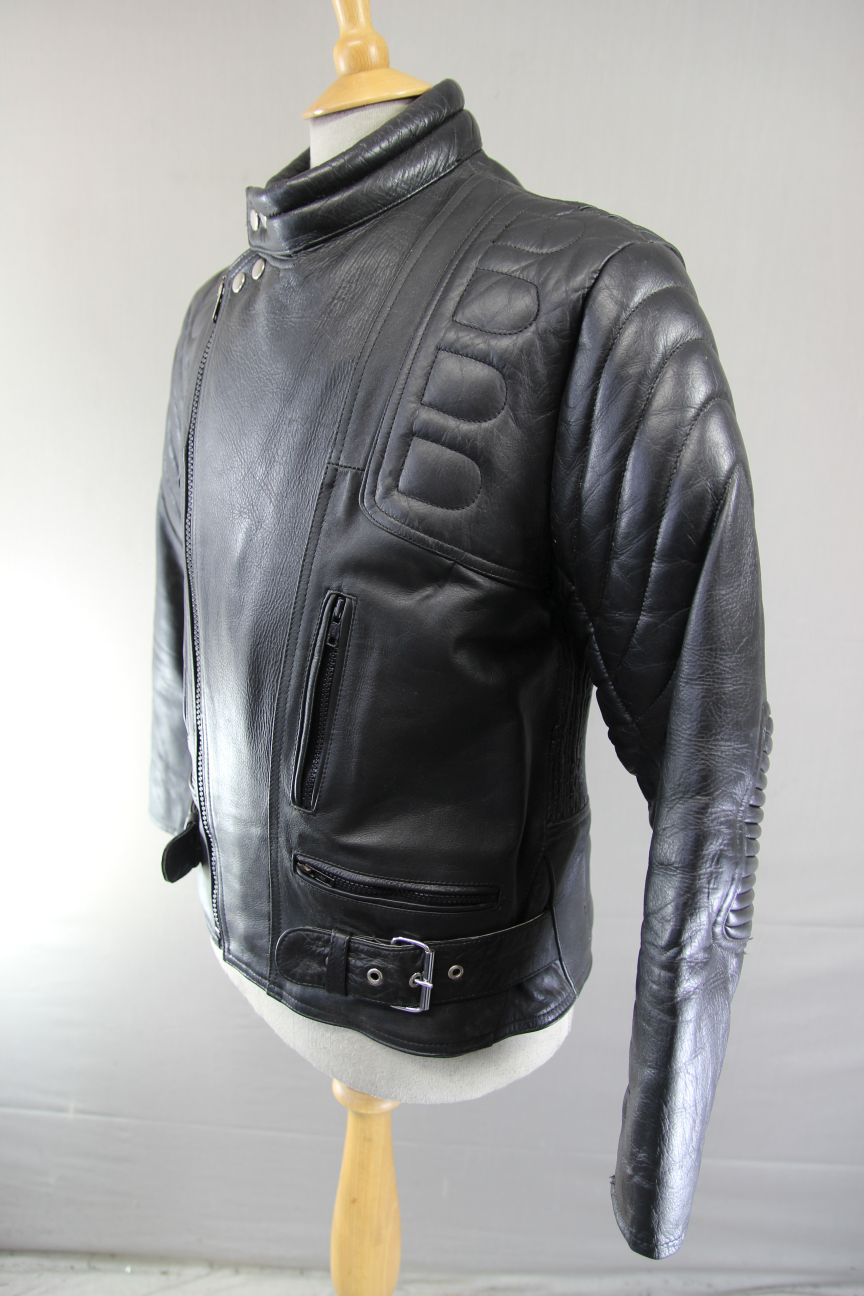CLASSIC 'STOP' BLACK LEATHER BIKER JACKET 38-40 INCH